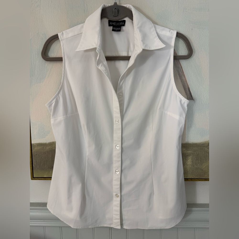 Ameliora The Annie White Sleeveless Button Down Washable Shirt Size Medium - Picture 5 of 9